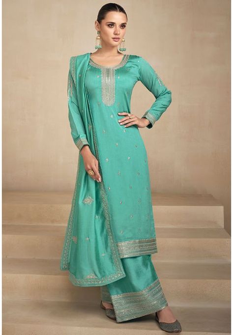 Aqua Green Embroidered Silk Palazzo Kameez Straight Plazo, Anarkali Suits Designer, Palazzo Suit, Readymade Saree, Silk Bottoms, Salwar Kameez Designs, Silk Dupatta, Clothing Websites, Designer Dresses Indian