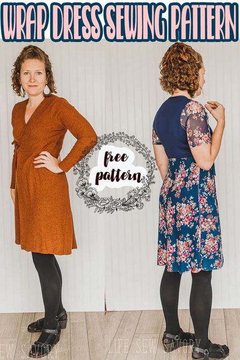 A wrap dress sewing pattern in sizes xs - xxl. Enjoy this free sewing pattern for women. Instant pdf downloadable pattern. free dress sewing pattern with two sleeve options Free Wrap Dress Sewing Pattern, Free Wrap Dress Pattern, Wrap Dress Sewing Pattern Free, Wrap Dress Pattern Free Sewing, Wrap Around Dress Pattern, Wrap Dress Pattern Free, Sewing Wardrobe, Wrap Dresses Diy, Free Dress Pattern