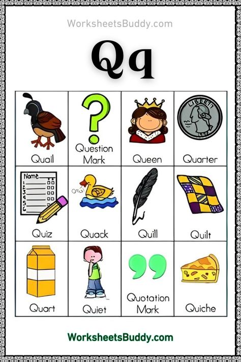 Q Word Family Worksheets For Kindergarten - Words That Start With Q Q Words For Kids, Q Words, Words With Q, Letter W Activities, Letter Q Worksheets, Word Family List, Counting Worksheets For Kindergarten, Free Kindergarten Printables, Family Worksheets