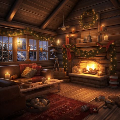 Christmas In Old House, Fantasy Cabin Interior, Christmas Cabin Aesthetic, Christmas House Interior, Winter House Interior, Winter Cabin Interior, Old Cabin Interior, Xmas Living Room, Cozy Winter House