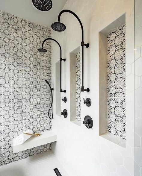 Spanish Tile In Bathroom, Spanish Tile Accent Wall, Pattern Tile In Bathroom, Patterned Tile Shower Walls, Master Bath Ideas Gray, Modern Tile Shower Walk In, Tiled Accent Wall Bathroom, Mediterranean Tile Bathroom, Large Walk In Showers Master Suite