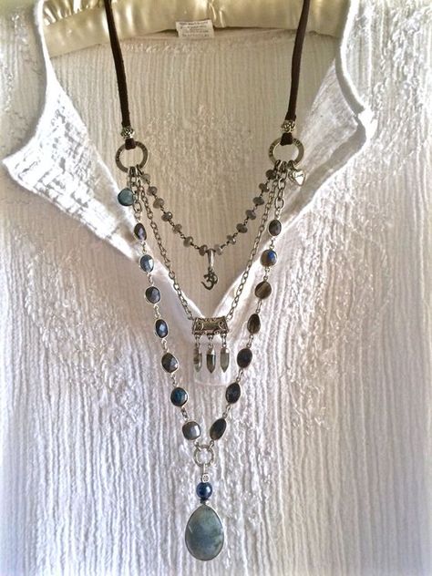 labradorite lover- triple strand boho necklace beaded chains om charm silver & leather sundance style all gemstone pendant long by sweetassjewelry on Etsy: Om Charm, Diy Collier, Necklace Beaded, Labradorite Pendant, Diy Schmuck, Schmuck Design, Strand Necklace, Jewelry Projects, Diy Necklace