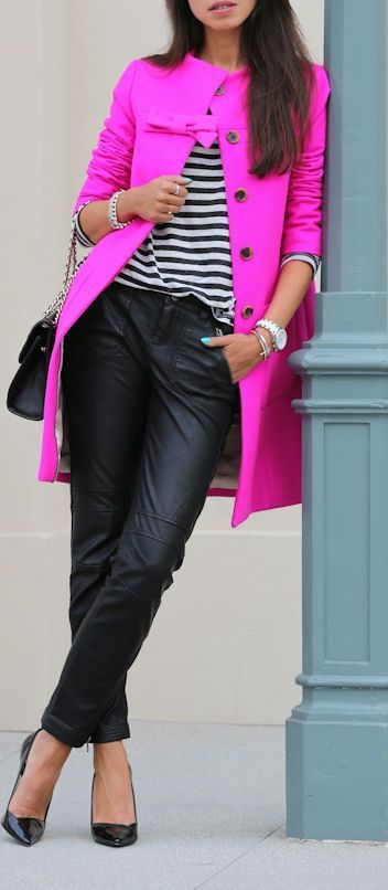 Fuchsia JCrew Bow Coat Pink Coat Outfit, Neon Ideas, Bow Coat, Street Jewelry, Ribbon Bracelet, Spike Bracelet, Look Rose, Giovanna Battaglia, Anna Dello Russo