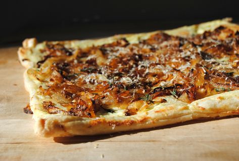 Carmelized Onion Tart, Onion Appetizers, Ricotta Tart, Shortcrust Pastry Recipes, Caramelised Onion Tart, Thyme Salt, March Break, Onion Tart, Vegetarian Comfort Food