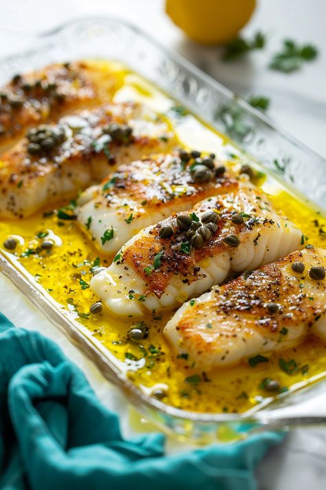 Keto Cod Piccata with Capers and Lemon Butter - I Eat Keto Keto Garlic Butter Fish, Cod Fish Recipes With Capers, Cod With Capers Recipes, Cod Picatta Recipe, Dishes With Capers, Lemon Caper Fish Recipe, Seafood And Veggie Meals, Lemon Caper Cod Recipe, Cod With Cherry Tomatoes