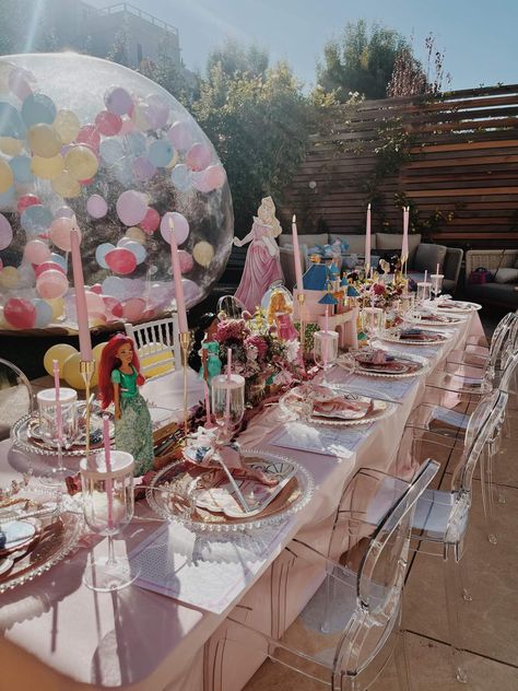 Princess party  | CatchMyParty.com Princess Birthday Party Table Decor, Princess Birthday Party Aesthetic, Princess 4th Birthday Party Ideas, Forever A Princess Party, Kids Party Table Set Up Ideas, Fairytale Birthday Theme, Bippity Boppity Two, Disney Tea Party, Golden Birthday Themes