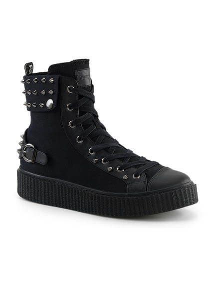 SNEEKER-266 Spiked Black Canvas Sneaker Boots Spiked Converse, Emo Shoes, Darkly Inclined, Gothic Style Clothing, Goth Shoes, Alt Clothes, Spike Shoes, Buckled Heels, Punk Outfits