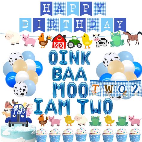 PRICES MAY VARY. Oink Baa Moo I Am Two Birthday Banner, Farm Animal 2nd Birthday Party Supplies,Blue 2nd Truck Birthday Party For Boy You will have: 1 birthday banner, 1 animal banner, 1 set of 16 inch blue letter oinkbaamooiamtwo.5 animal birthday aluminum foil balloons, 1 2-year-old birthday card, 24 small cards, and 25 12 inch latex balloons.