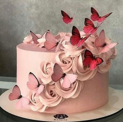 Cakes Flowers, Butterfly Cake Topper, Buttercream Cakes, Butterfly Cakes, Pink Cake, Cake Decorating Techniques, Buttercream Cake, Shower Cakes, Cakes And More