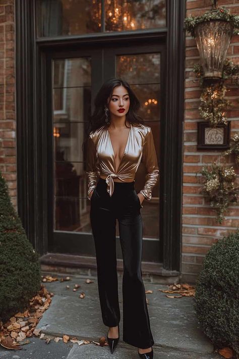 18 Jaw-Dropping Holiday Party Outfits That'll Make You The Most Stylish Mom At Any Celebration 13 Semi Formal New Years Outfit, Christmas Party Outfit Women’s, Christmas Party Semi Formal Outfit, Mob Wife Aesthetic Party Outfit, Unique New Years Eve Outfit, Nye Pajama Party Outfit, Jazz Show Outfit, Festive Chic Outfit, Chic Nye Outfit