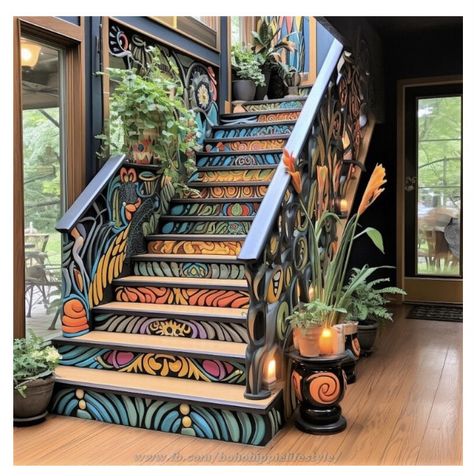 Bohemian Stairs, Stair Design Ideas, Home Staircase, Bohemian Ideas, Tiled Staircase, Bohemian Style Home, Boho Lighting, Stair Design, Wood Art Diy