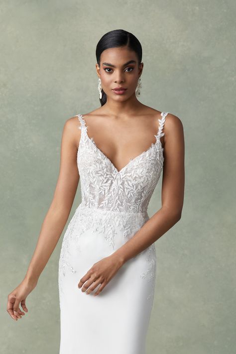 Justin Alexander - Style 88286: Beaded V-Neck Crepe Fit and Flare Dress Justin Alexander Wedding Dress, Lillian West, Casablanca Bridal, Lace Bride, Justin Alexander, Wedding Dress Pictures, Mob Dresses, Lace Straps, Wedding Dress Shopping