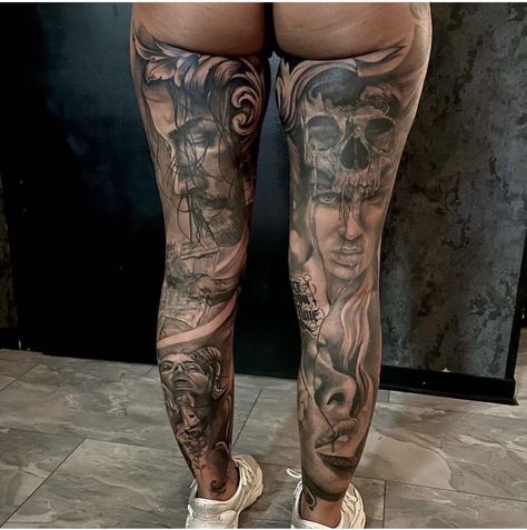 Tattoo Ideas Female Leg Sleeve Unique, Back Leg Sleeve Tattoo, Back And Buttock Tattoo, Big Tattoos For Women Leg, Full Leg Sleeves For Females, Woman Leg Sleeve, Full Leg Tattoo Design, Leg Sleeve Women, Back Leg Tattoos Women