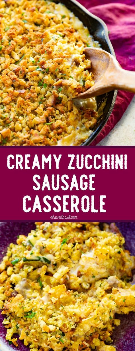 If you're like me, you have a few more zucchinis and yellow squashes from the garden that you need to use up. Well this Creamy Zucchini Sausage Casserole is your answer! This is a recipe I got from my mom who got it from her sister-in-law. It's one of those recipes you'd swear involves cheese because it comes out so creamy but there isn't any!! #zucchini #zucchinicasserole #casserole #zucchinirecipe #casserolerecipe #familydinner #sausage #stuffing #dinner #dinnerrecipe #oneskillet Zucchini Sausage Casserole, Stuffing Dinner, Zucchini Sausage, Sausage Casserole Recipes, Creamy Zucchini, Zucchini Casserole Recipes, Sausage Stuffing, Hashbrown Casserole, Zucchini Casserole