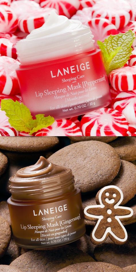 Laneige Gingersnap, Laneige Lip Mask Peppermint, Laneige Eggnog Latte, Laneige Lip Sleeping Mask Peppermint, Lange Lip Balm, Skincare Holiday Campaign, Laneige Lip Sleeping Mask Aesthetic, Lanage Lip Products, Peppermint Laneige