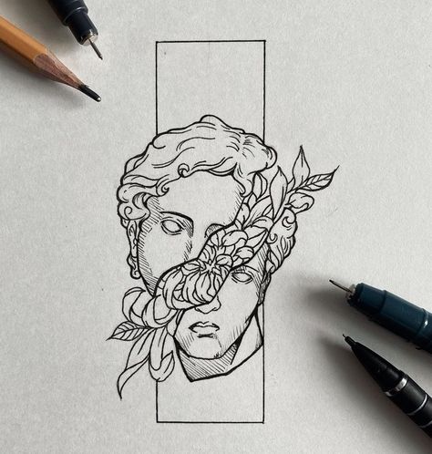 Front Delt Tattoos, Greek Patch Work Tattoos, Roman Sculpture Tattoo, Apollo Tattoo Design, Apollo Tattoo, David Tattoo, Ancient Art Tattoo, Cupid Tattoo, Medusa Tattoo Design