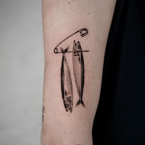 Fish Bait Tattoo, Fly Lure Tattoo, Tinned Fish Tattoo, Minnow Tattoo, Sardine Can Tattoo, Cool Fish Tattoo, 24 Number Design, Fine Line Fish Tattoo, Sardines Tattoo