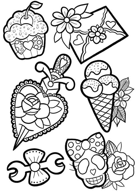 Girly Tattoo Outline, Art Tattoo Design, Dibujos Pin Up, Rainbow Canvas, Flash Tattoo Designs, Tattoo Flash Sheet, Geniale Tattoos, Tattoo Stencil Outline, Tattoo Design Book