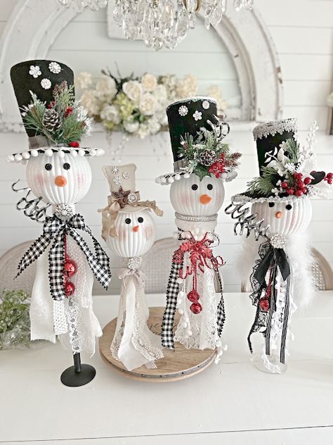 Crafty Snowman Copy - Junk Chic Cottage Diy Christmas Angel Ornaments Ideas, Dollar Tree Sock Snowman, Snowman Christmas Ornaments Diy Kids, Dollar Tree Christmas Snowman, Diy Rustic Snowman, Snowman Head On Candlestick, Diy Snowmen Ornaments, Snowman Hat Craft, Dt Christmas Craft