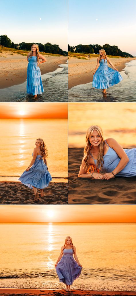 Beach Poses Senior Pictures, Senior Portraits Beach, Pretty Senior Pictures, Mission Photos, Beach Senior Pictures, Formal Photos, Lake Michigan Beach, Senior Photoshoot Poses, Unique Senior Pictures