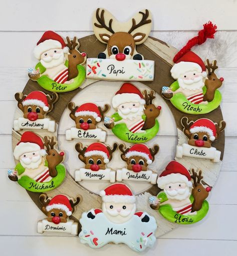 Place Card Cookies, Card Cookies, Christmas Place Cards, Personalized Cookies, Christmas Place, Christmas Cakes, Animal Cookies, Painted Letters, Rudolph The Red