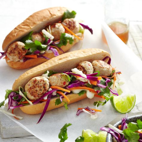 Bahn Mi Ground Pork, Bhan Mi, Ground Pork Bahn Mi, Bahn Mi Turkey Meatball Rice Bowls Skinnytaste, Banh Mi Meatballs, Macro Friendly Chicken Meatballs, Chicken Mince, Chicken Meatball, Ww Recipe