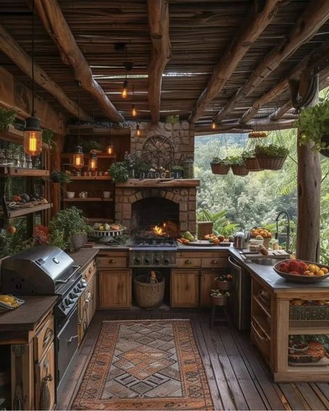 Dream Outdoor Kitchen, Greenhouse Kitchen, Log Home Designs, Outdoor Kitchen Patio, Hacienda Style, Rustic Home Design, Outdoor Decor Backyard, Interior Modern, Cabins And Cottages