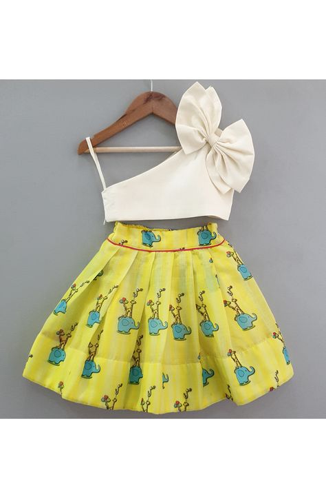 https://www.stylemylo.com/collections/jungle/products/off-white-one-shoulder-crop-top-with-elephant-printed-skirt Baby Crop Top Designs, Kids Skirt Top Designs, Kids Crop Tops Designs, Skirt And Blouse For Kids, Crop Tops For Kids, Elephant Dress, Pattu Pavadai, One Shoulder Crop Top