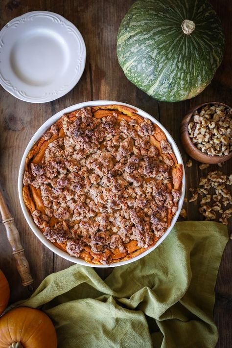 Kabocha Squash Casserole (Gluten-Free) - The Roasted Root Squash Souffle, Healthy Holiday Side Dishes, Healthy Holiday Sides, Walnut Topping, Kabocha Squash Recipe, Squash Casserole Recipes, Kabocha Squash, Free Friends, Squash Casserole