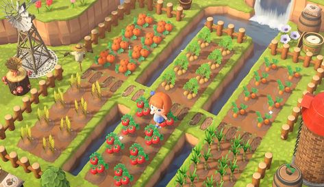 Animal Crossing Allotment Ideas, Potager Animal Crossing New Horizon, Animal Crossing Orchard Layout, Animal Crossing Natural Island, Acnh Farm Design Code, Animal Crossing Vegetable Garden, Acnh Garden Layout, Animal Crossing Farm Ideas, Acnh Neighborhood Designs Layout