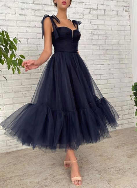 Navy Blue Tulle Straps Tea Length Party Dress, Blue Homecoming Dress - dreamydressprom Dark Blue Dress Formal Short, Midnight Blue Dress Short, Midnight Blue Prom Dresses, Prom Dresses Dark, Blue Tulle Prom Dress, Opera Dress, Tea Length Prom Dress, Spring Bridesmaid Dresses, Tea Length Tulle