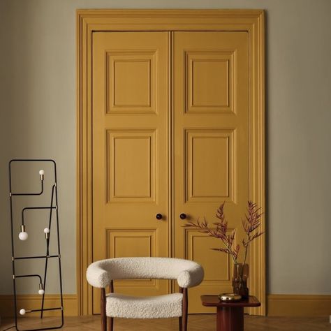 Mustard Entryway, Yellow Trim Interior, Yellow House Interior, Dark Trim, Colorful Interior, Colorful Interior Design, Yellow Room, Yellow Trim, Yellow Houses