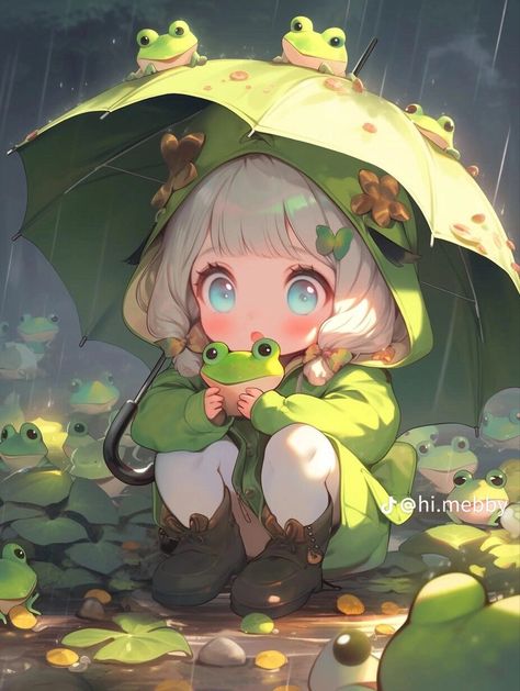 White Hair And Blue Eyes, Frog Hoodie, Green Umbrella, Green Frog, In The Rain, White Hair, Bright Green, Frogs, The Rain