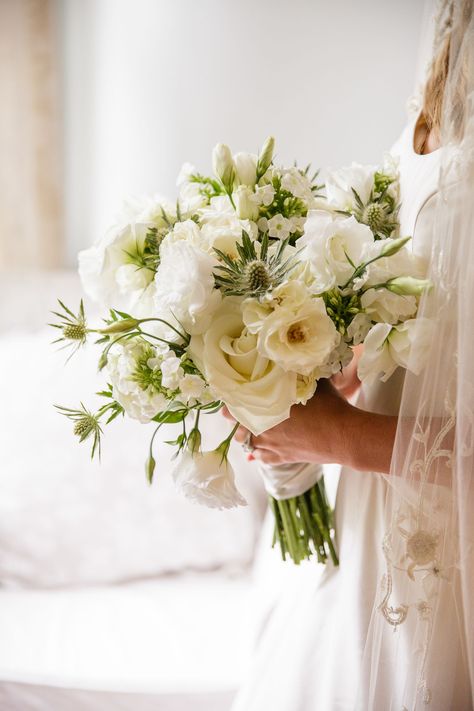 Romantic Ivory Rose and Thistle Bouquet Rose And Thistle Bouquet, Gardenia Wedding Bouquet, Gardenia Bouquet, Gardenia Wedding, Thistle Bouquet, Ivory Bouquet Wedding, Wedding Bouquet Ideas, Purple Calla Lilies, Greenwich Connecticut