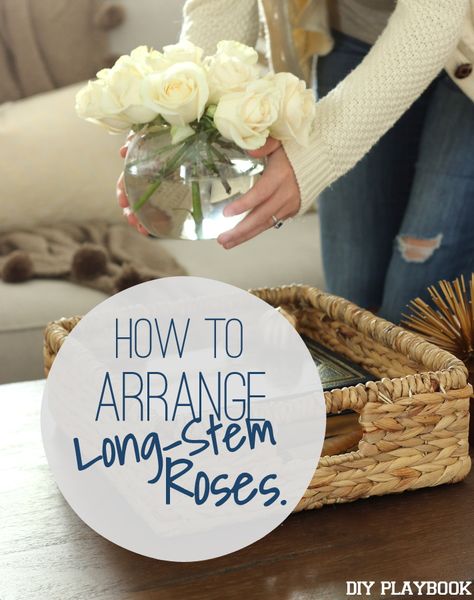 Fresh flowers are our favorite! Here's how to arrange long-stem roses in a small bowl. Makes for a lovely bouquet of blooms! How To Make Rose Arrangements, Fresh Roses In A Vase, How To Make Small Flower Arrangements, Small Rose Arrangements, Simple Rose Arrangements Diy, Rose Bowl Arrangements, Diy Rose Arrangement, Rose Bowl Centerpiece, Rose Arrangements Diy