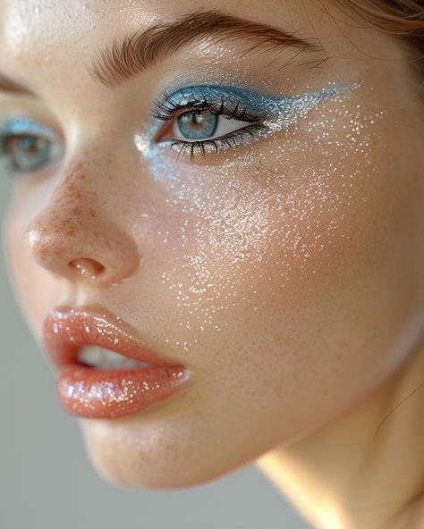 Unique Blue Eyes, Soft Mermaid Makeup, Blue Makeup Glitter, Pink Mermaid Makeup, Angelcore Makeup, Pastel Eyeshadow Looks, Space Eyes, Light Blue Makeup, Water Makeup