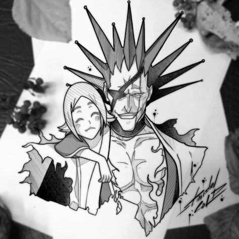 Kenpachi Zaraki And Yachiru, Zaraki And Yachiru, Yachiru Kusajishi, Bleach Tattoo, Gotei 13, Atlas Tattoo, Bleach Cosplay, Kenpachi Zaraki, Linework Tattoo