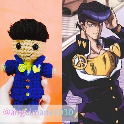 Made an attempt in making crochet dolls of one of my fave characters in jjba. (*for fun only) Jjba Crochet, Higashikata Josuke, Crochet Inspo, Crochet Kit, Crochet Dolls, Crochet Projects, Vault Boy, Dolls, Disney Princess