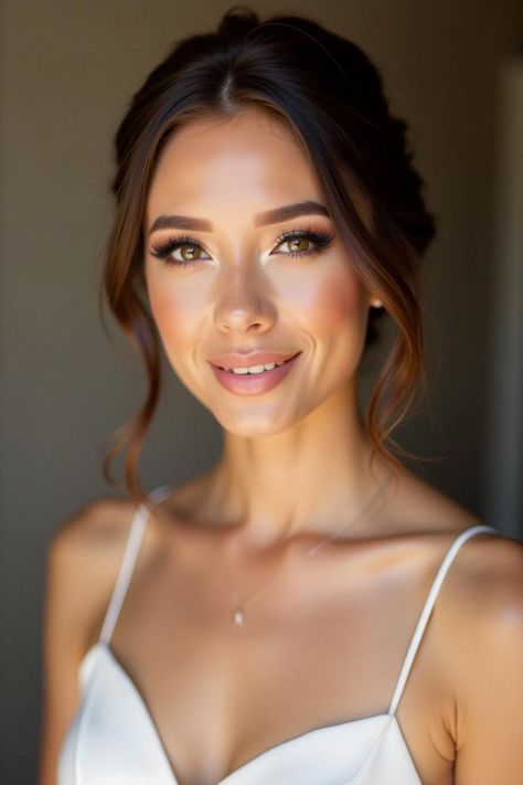 bridesmaid makeup soft glam Bridesmaid Natural Makeup Brown Eyes, Romantic Glam Makeup, Natural Makeup For Hazel Eyes, Natural Fall Wedding Makeup, Makeup Bridesmaid Natural, Natural Wedding Makeup For Brown Eyes, Classy Bridal Makeup, Natural Makeup Bridesmaid, Wedding Makeup Brunette