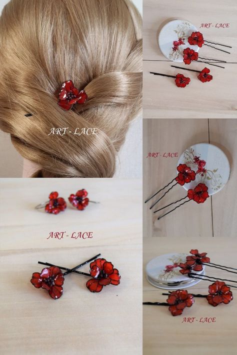 Red poppy flower hair pins and hair fork, black wire and resin handmade Poppy flowers. Resin Hair Accessories, New Year Hair, Flower Bobby Pins, Red Hair Accessories, Hair Accessories Red, Valentine Gifts For Girls, Hair Forks, Flower Hairpin, Girls Fall