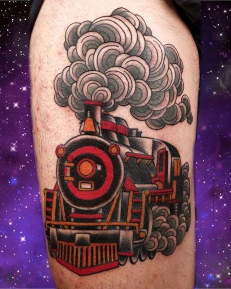 neo-traditional tattoo steam locomotive American Traditional Train Tattoo, Locomotive Tattoo, Steam Train Tattoo, Steam Tattoo, Train Tattoo, Neat Tattoos, Best Tattoo Ideas, Steam Train, American Traditional Tattoo