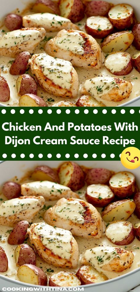 Craving comfort food? This Chicken and Potatoes with Dijon Cream Sauce is an easy dinner recipe that combines tender chicken and creamy sauce, perfect for busy nights when you want something hearty and satisfying. Creamy Chicken And Potatoes, Healthy Chicken Meals, Casserole Recipes Healthy, Chicken Recipe For Dinner, Dijon Cream Sauce, Chicken Casserole Recipes Healthy, Dijon Sauce, Lunch Foods, Cream Sauce Recipe