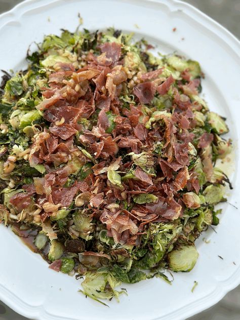 Shaved Brussels Sprouts with Prosciutto and Date Vinaigrette — Christie's lovestory Date Vinaigrette, Shaved Brussel Sprout Salad, Shaved Brussel Sprouts, Brussels Sprouts Salad, Bacon Brussel Sprouts, Shredded Brussel Sprouts, Sprouts Salad, Bacon Salad, Brussel Sprout Salad