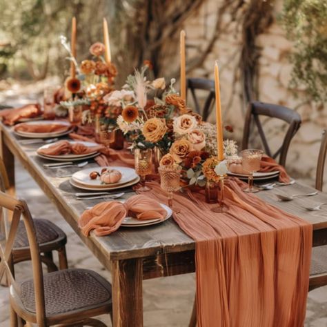 Rustic Table Runner, Fall Wedding Tables, Rustic Table Runners, Orange Table, Thanksgiving Table Decor, Table Runners Wedding, Boho Wedding Decorations, Farmhouse Wedding, Thanksgiving Table Decorations