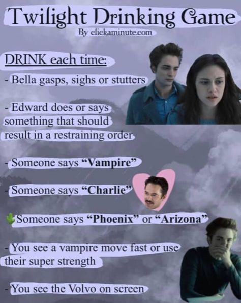 Twilight Movie Drinking Game, New Moon Drinking Game Twilight, Drinking Games To Movies, Twilight Game Ideas, Jersey Shore Drinking Game, Drinking Games For Movies, Twilight Movie Marathon Ideas, Twilight Saga Party, Twilight Drinking Game