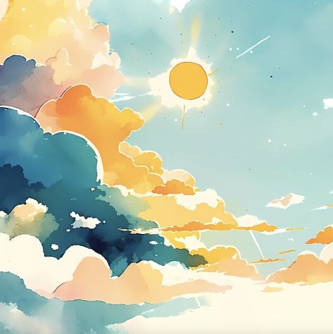 Sky With Sun And Clouds, Relax Illustration Art, Sun In The Sky Painting, Sunny Sky Drawing, Sky Drawing Ideas, Paint Sky Clouds, Blue Orange Illustration, Blue Watercolour Painting, Sunny Sky Painting