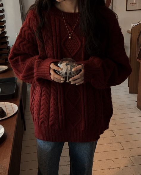 Big Red Sweater Outfit, Deep Red Sweater, Fall Red Aesthetic Outfit, Cherry Red Sweater Outfit, Cherry Red Sweater, Winter Theatre Outfit, Burgundy Jumper Outfit, Deep Red Outfits, Dark Red Sweater Outfit