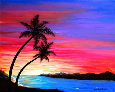 Southwest Landscapes "Tropical Sunset" acrylic on canvas. 16 x 20 in. Art Glow, Incredible Nature, Sunset Painting Acrylic, Easy Landscape Paintings, Seni Pastel, Independent Study, Sunrise Painting, Tropical Sunset, Scenery Paintings