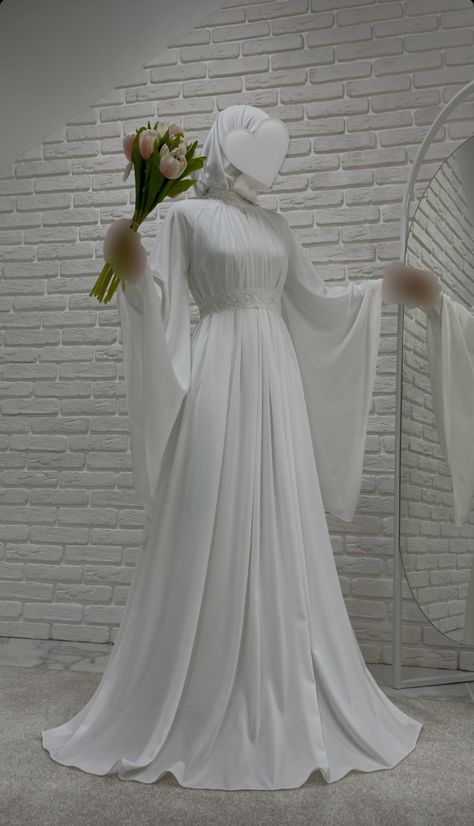 Islamic Engagement Dress, Muslimah Wedding Dress Brides Hijab Styles, Simple Nikah Outfit, Modest Wedding Dresses Hijab, Hijabi Wedding Dress Simple, Hijabi Engagement Dress, Engagement Dress Modest, Muslim Nikah Dresses, Abaya Wedding Dress