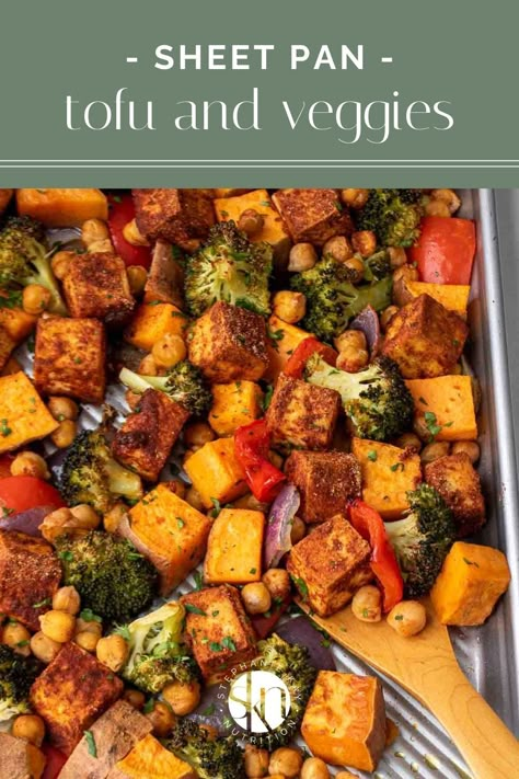 Ready in under 1 hour, this sheet pan tofu and veggies is an easy vegetarian recipe full of plant-based protein, vegetables, and fiber. Mushroom Sheet Pan Dinner, Tofu Roasted Vegetables, Fall Sheet Pan Dinners Vegetarian, Sheetpan Vegetarian Dinners, Tofu And Veggies Recipes, Oven Roasted Tofu And Veggies, Tofu And Brussel Sprouts, Tofu And Potatoes, Roasted Tofu And Vegetables